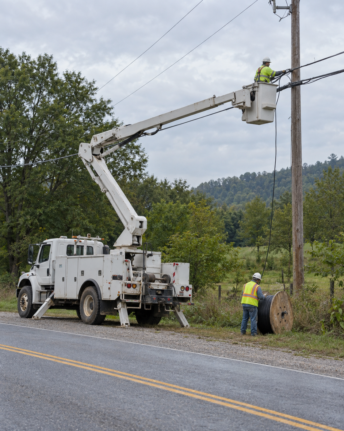 AI-generated illustration of a crew working on aerial telecommunications cable with a bucket truck